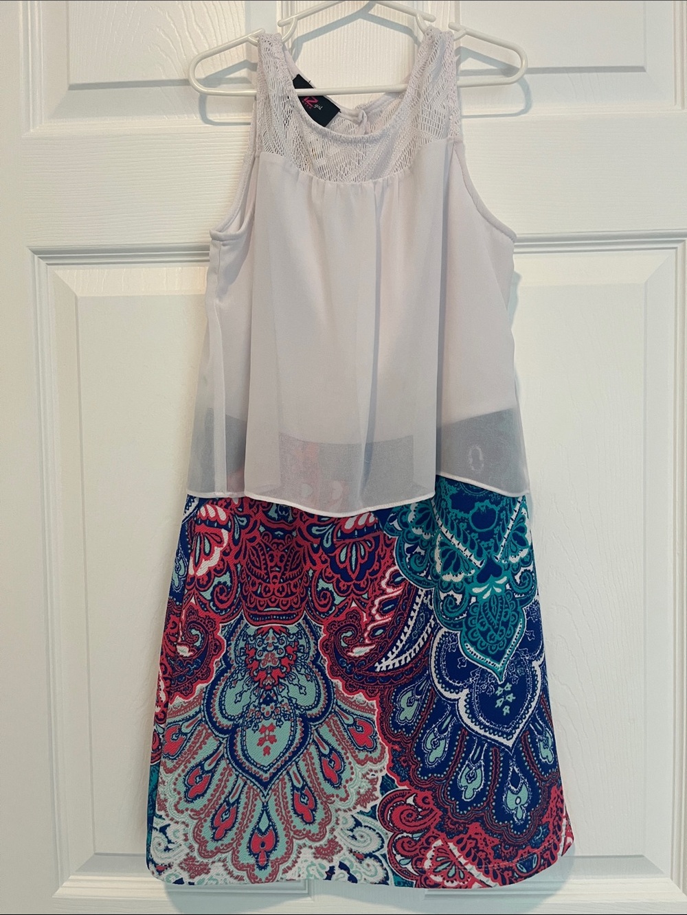 iZ Byer Girl White Lace Yoke Tank Dress with Paisley Print Skirt